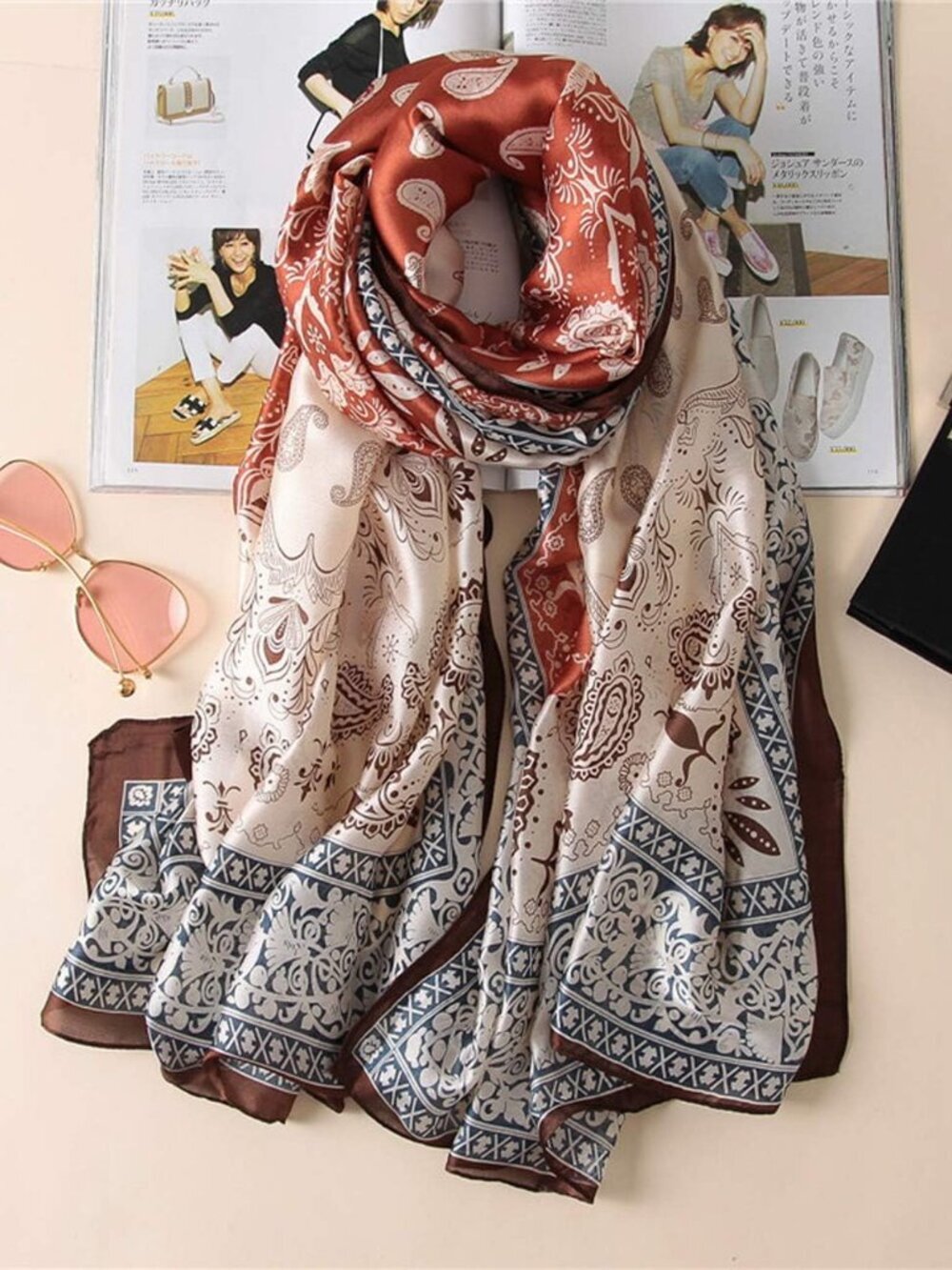 Women's Light Brown Lightweight Silk Scarves Flower Print Head Cotton Wrap Scarf - Picture 5 of 5